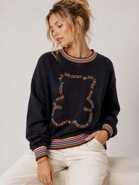 Teddy Fresh Black Rainbow Crew Neck Sweatshirt Womens S Embroidered Cozy Fall